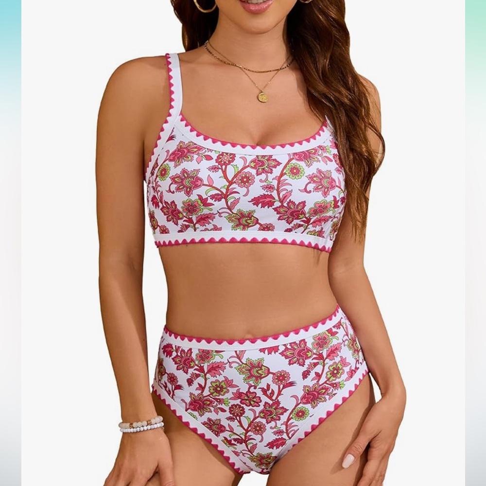 Herseas L NWOT bright pink floral high cut tummy control 2-piece VIRAL bikini